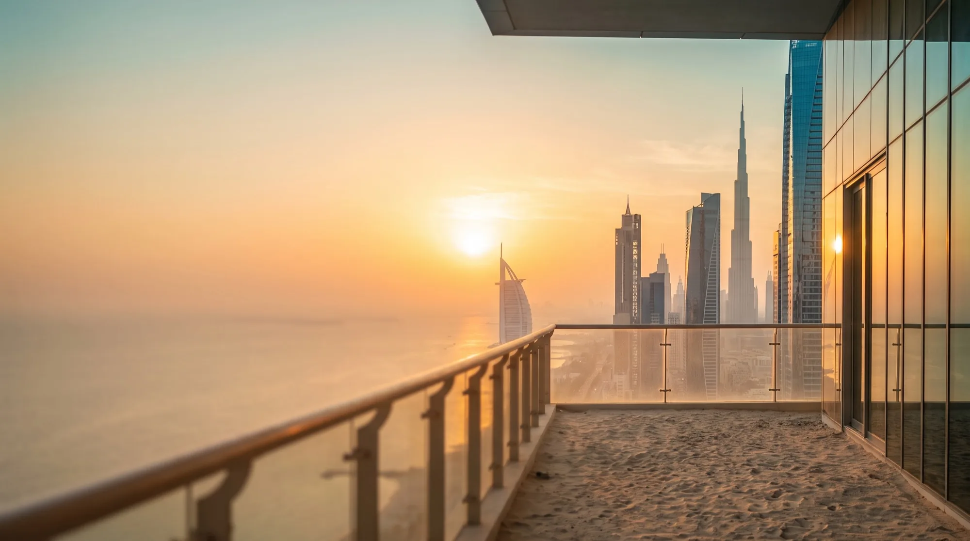 Dubai at sunrise, the Burj Khalifa and Burj Al Arab on the skyline