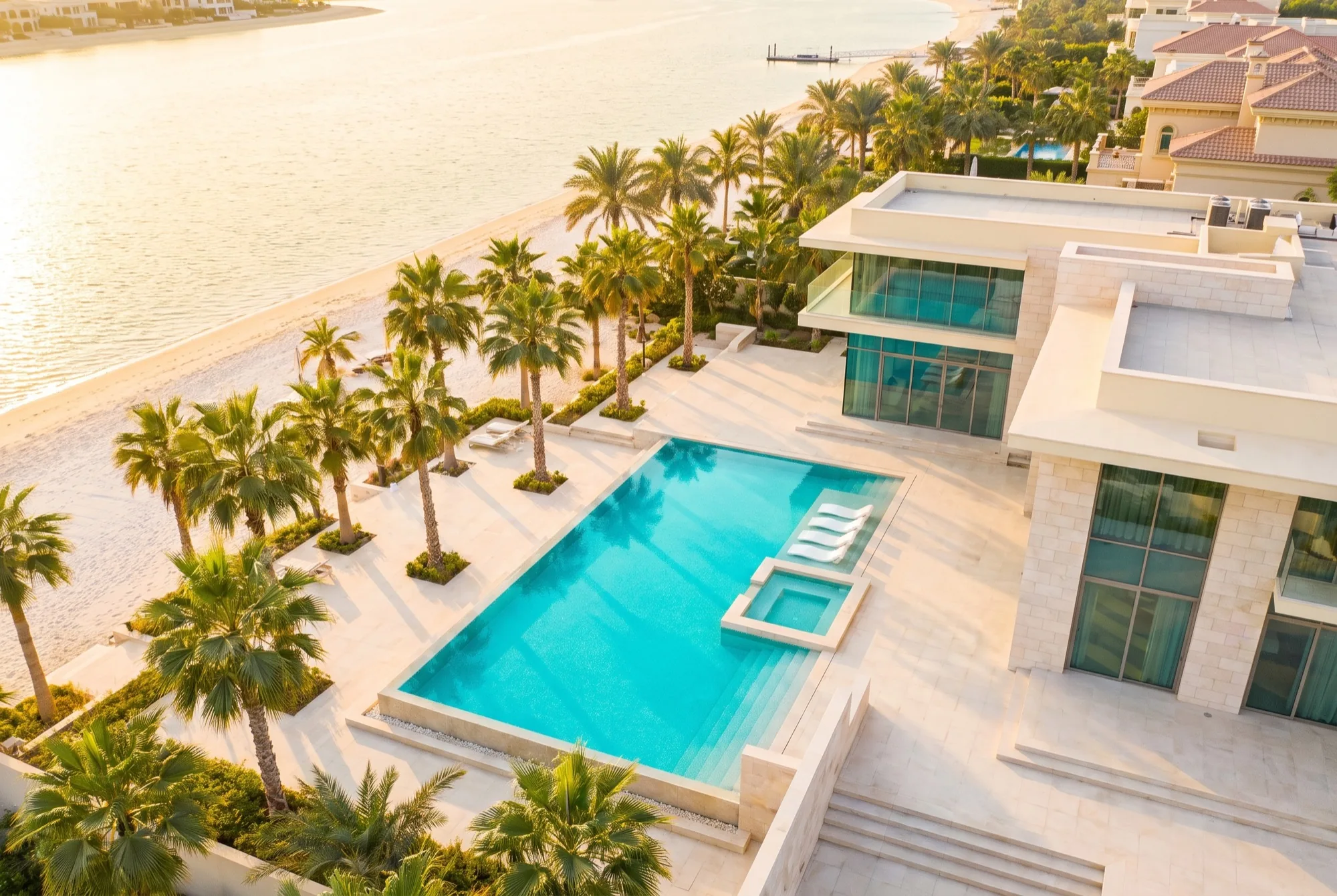 A waterfront villa on Palm Jumeirah at golden hour